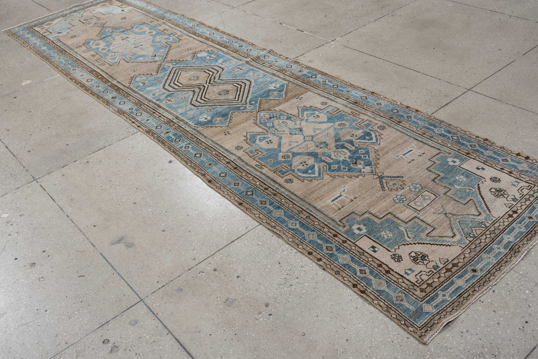 3' x 12' one-of-a-kind handmade antique Hamadan runner rug. Color palette: ivory, sky blue, taupe, brown, camel, light blue