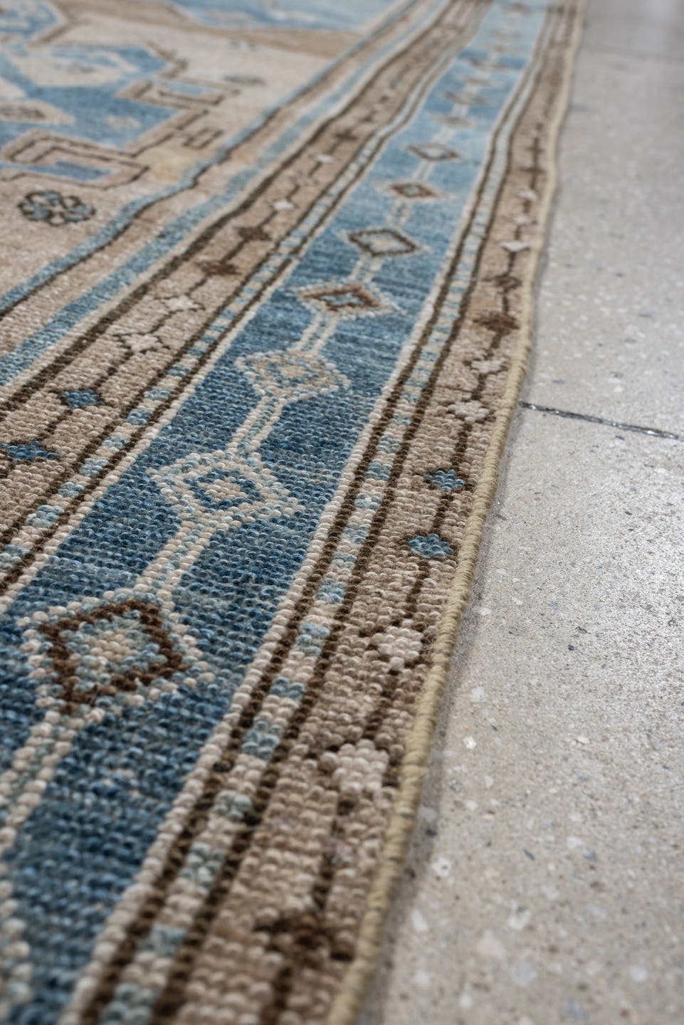 3' x 12' one-of-a-kind handmade antique Hamadan runner rug. Color palette: ivory, sky blue, taupe, brown, camel, light blue