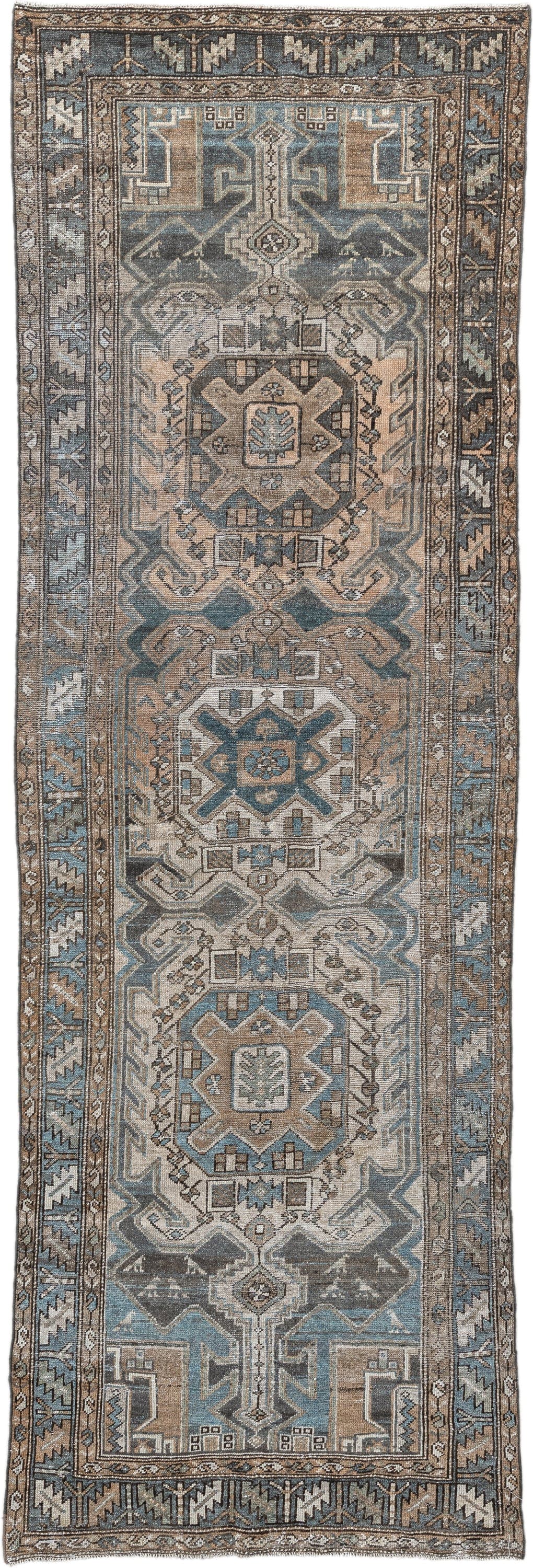 3' x 10' one-of-a-kind handmade antique Hamadan runner rug. Color palette: sky blue, taupe, ivory, charcoal, camel, slate