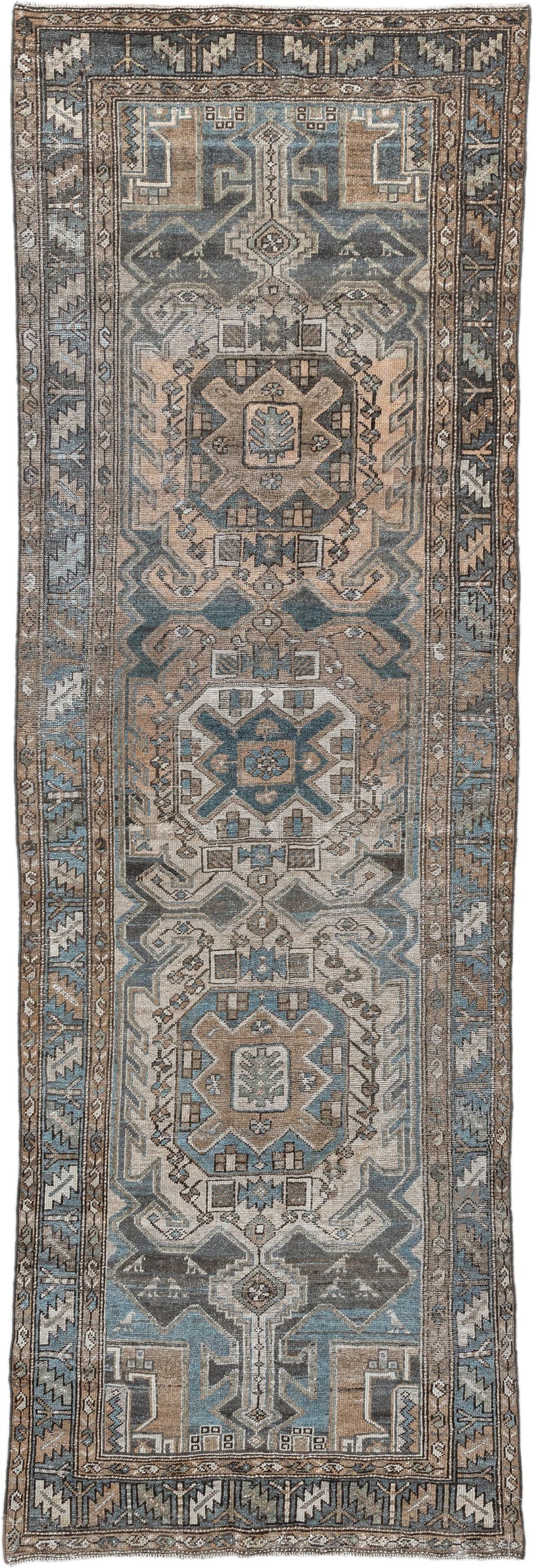 3' x 10' one-of-a-kind handmade antique Hamadan runner rug. Color palette: sky blue, taupe, ivory, charcoal, camel, slate