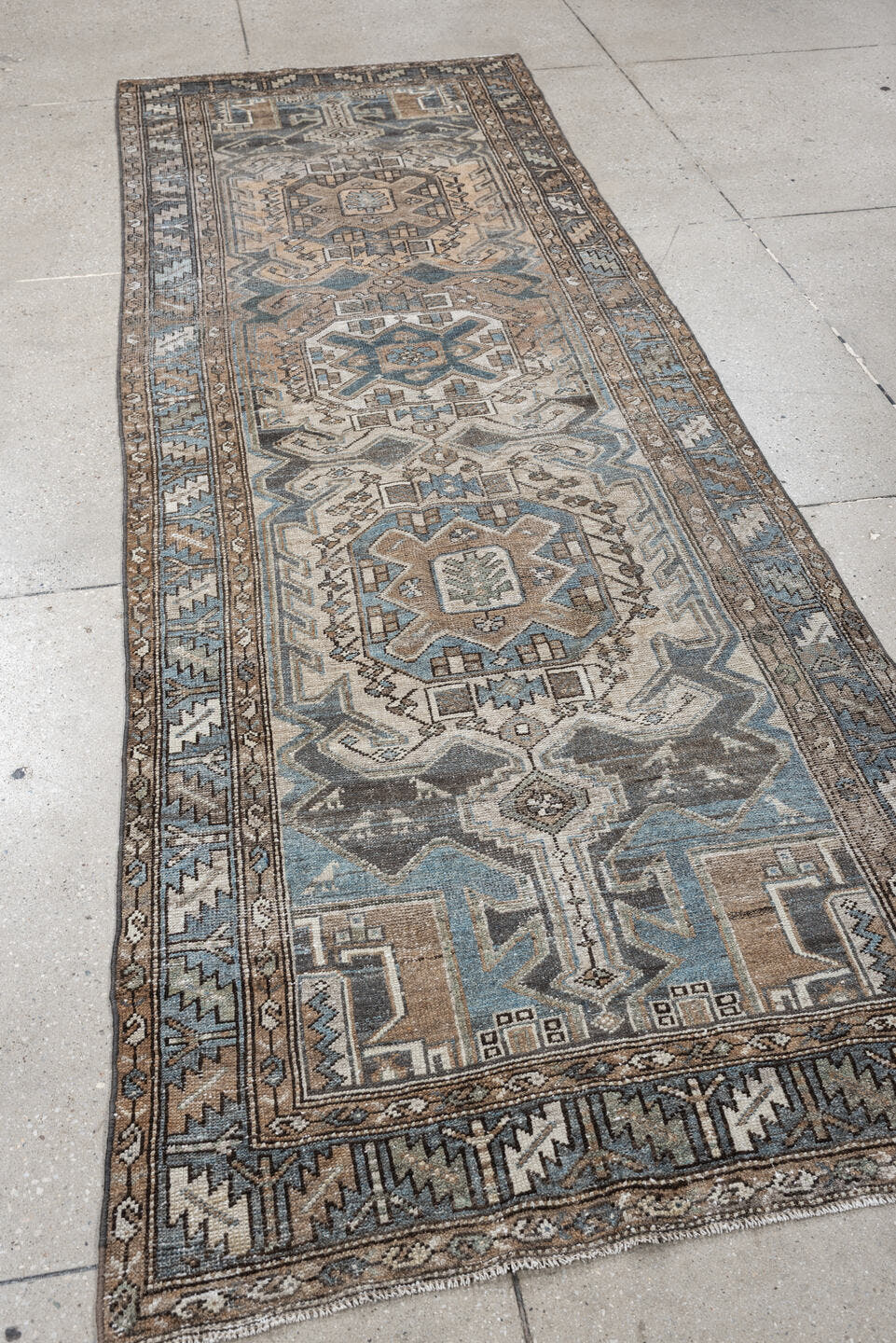 3' x 10' one-of-a-kind handmade antique Hamadan runner rug. Color palette: sky blue, taupe, ivory, charcoal, camel, slate