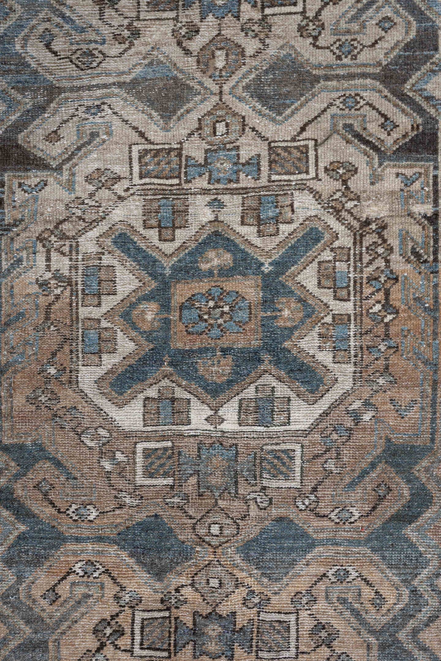 3' x 10' one-of-a-kind handmade antique Hamadan runner rug. Color palette: sky blue, taupe, ivory, charcoal, camel, slate