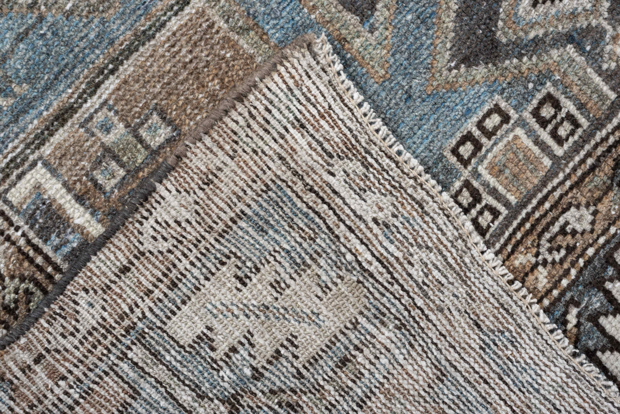 3' x 10' one-of-a-kind handmade antique Hamadan runner rug. Color palette: sky blue, taupe, ivory, charcoal, camel, slate