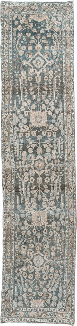 3' x 13' one-of-a-kind handmade antique Hamadan runner rug. Color palette: blue, ivory, taupe, brown, beige, sage, gray