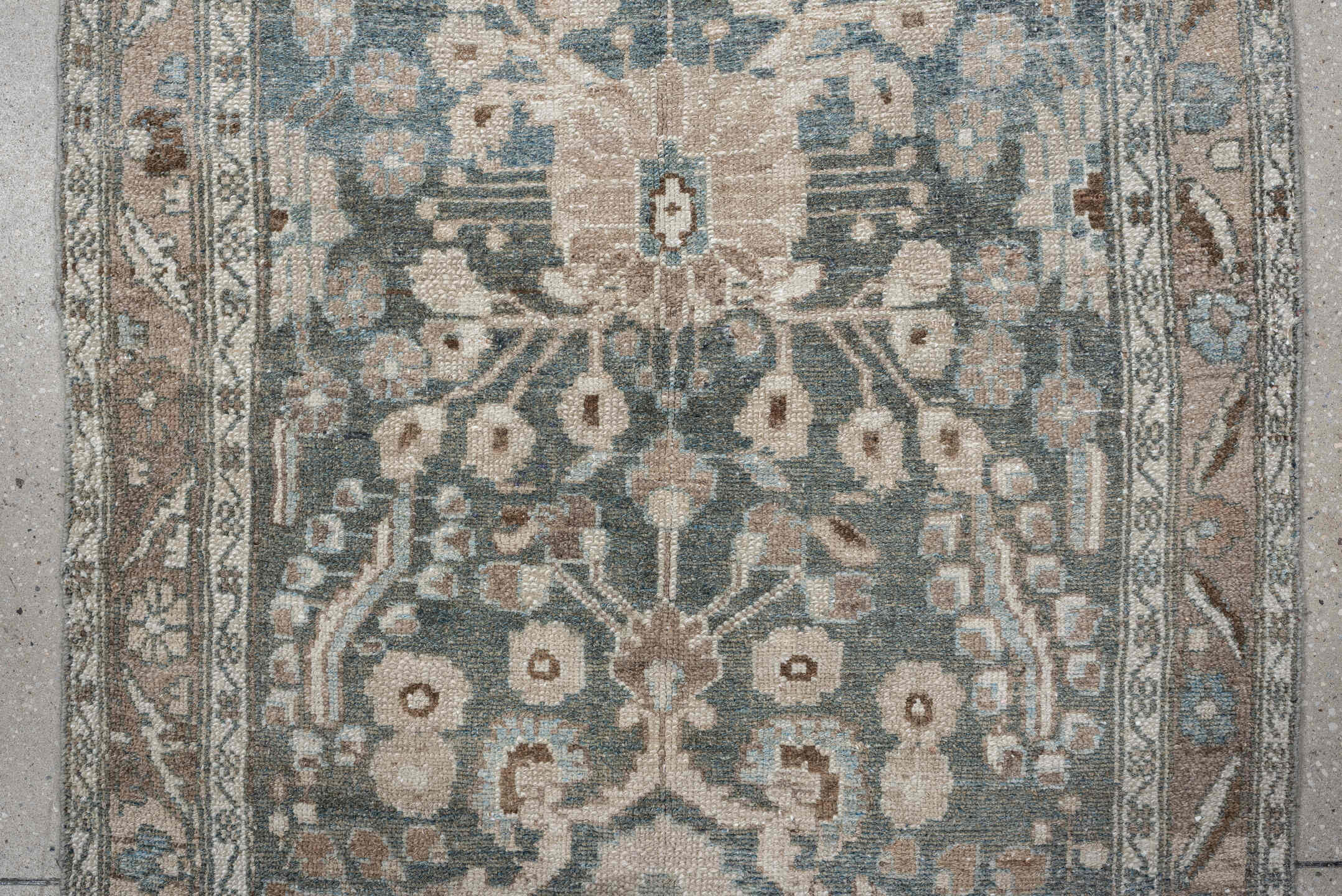 3' x 13' one-of-a-kind handmade antique Hamadan runner rug. Color palette: blue, ivory, taupe, brown, beige, sage, gray