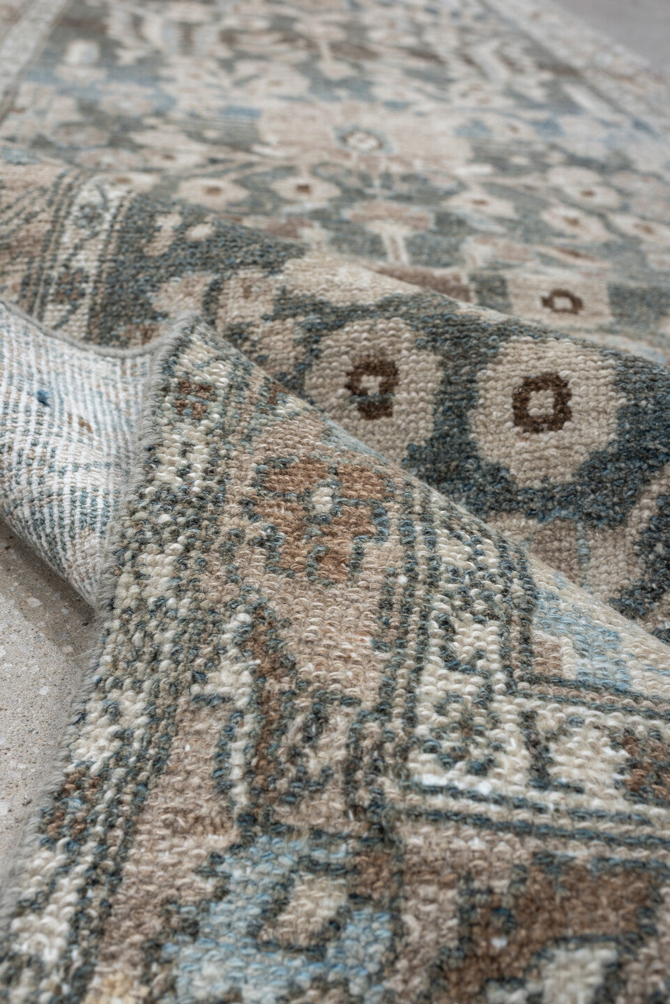 3' x 13' one-of-a-kind handmade antique Hamadan runner rug. Color palette: blue, ivory, taupe, brown, beige, sage, gray