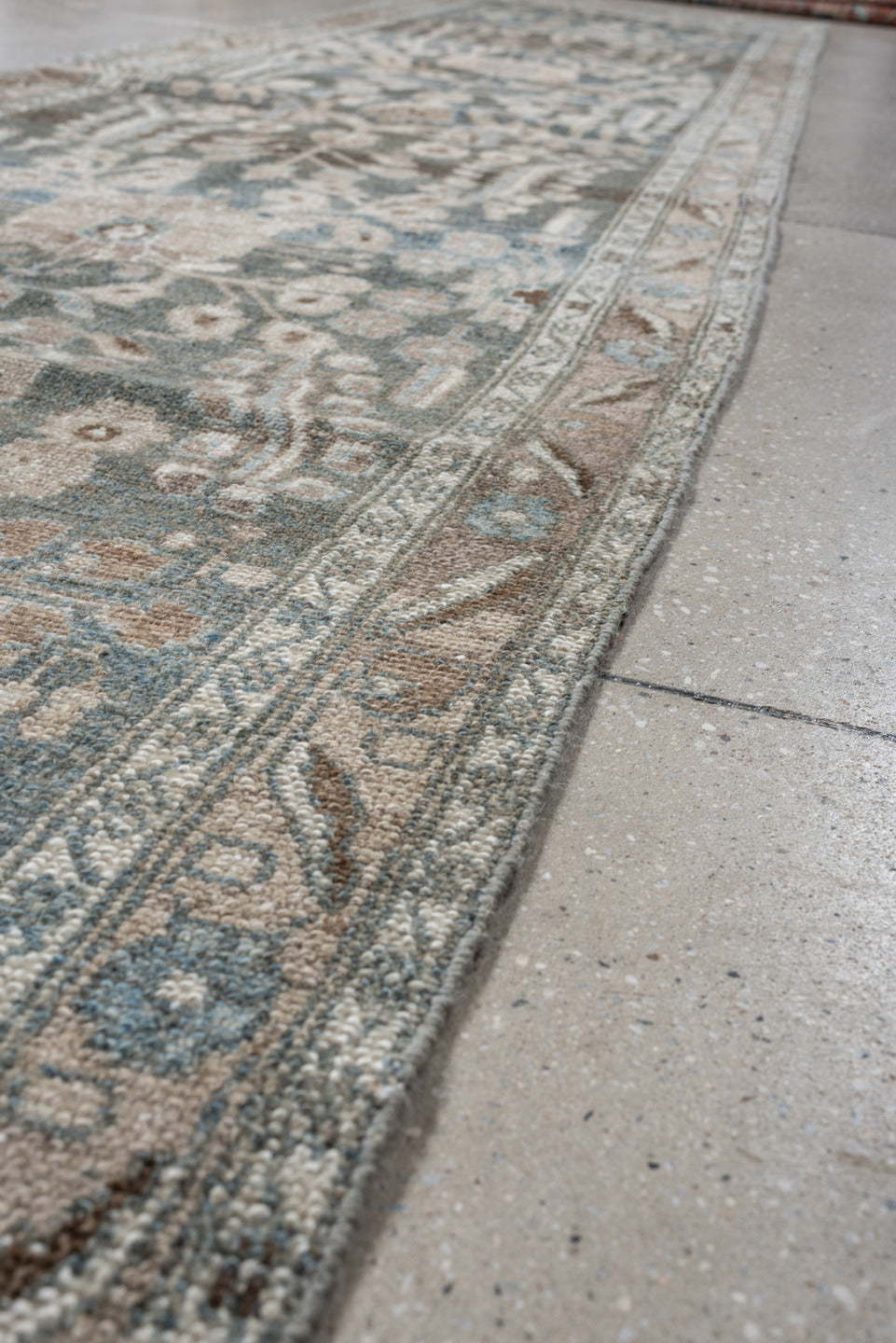 3' x 13' one-of-a-kind handmade antique Hamadan runner rug. Color palette: blue, ivory, taupe, brown, beige, sage, gray
