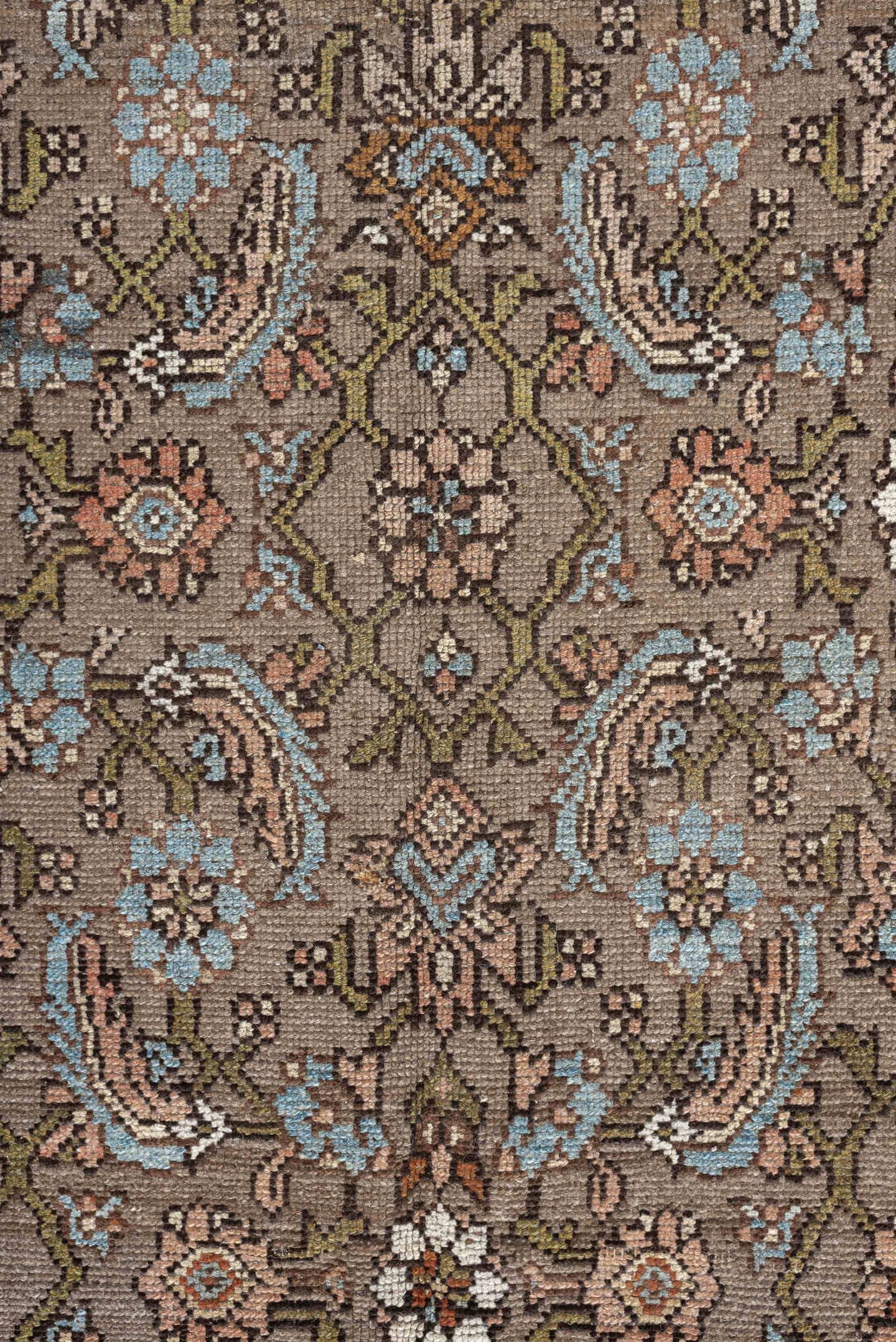4' x 8' one-of-a-kind handmade antique Malayer runner rug. Color palette: taupe, ivory, sky blue, olive, rust, brown, peach