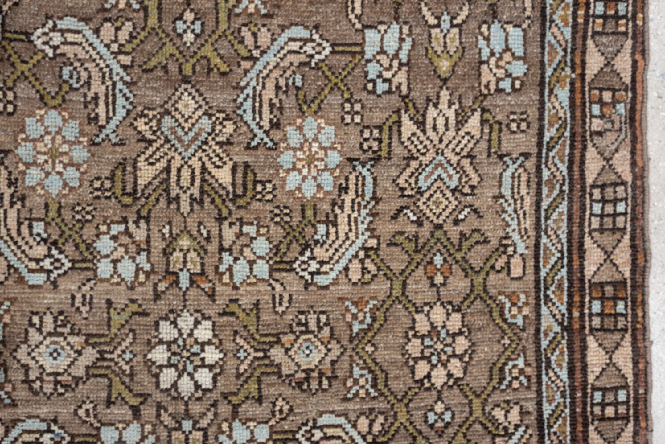 4' x 8' one-of-a-kind handmade antique Malayer runner rug. Color palette: taupe, ivory, sky blue, olive, rust, brown, peach