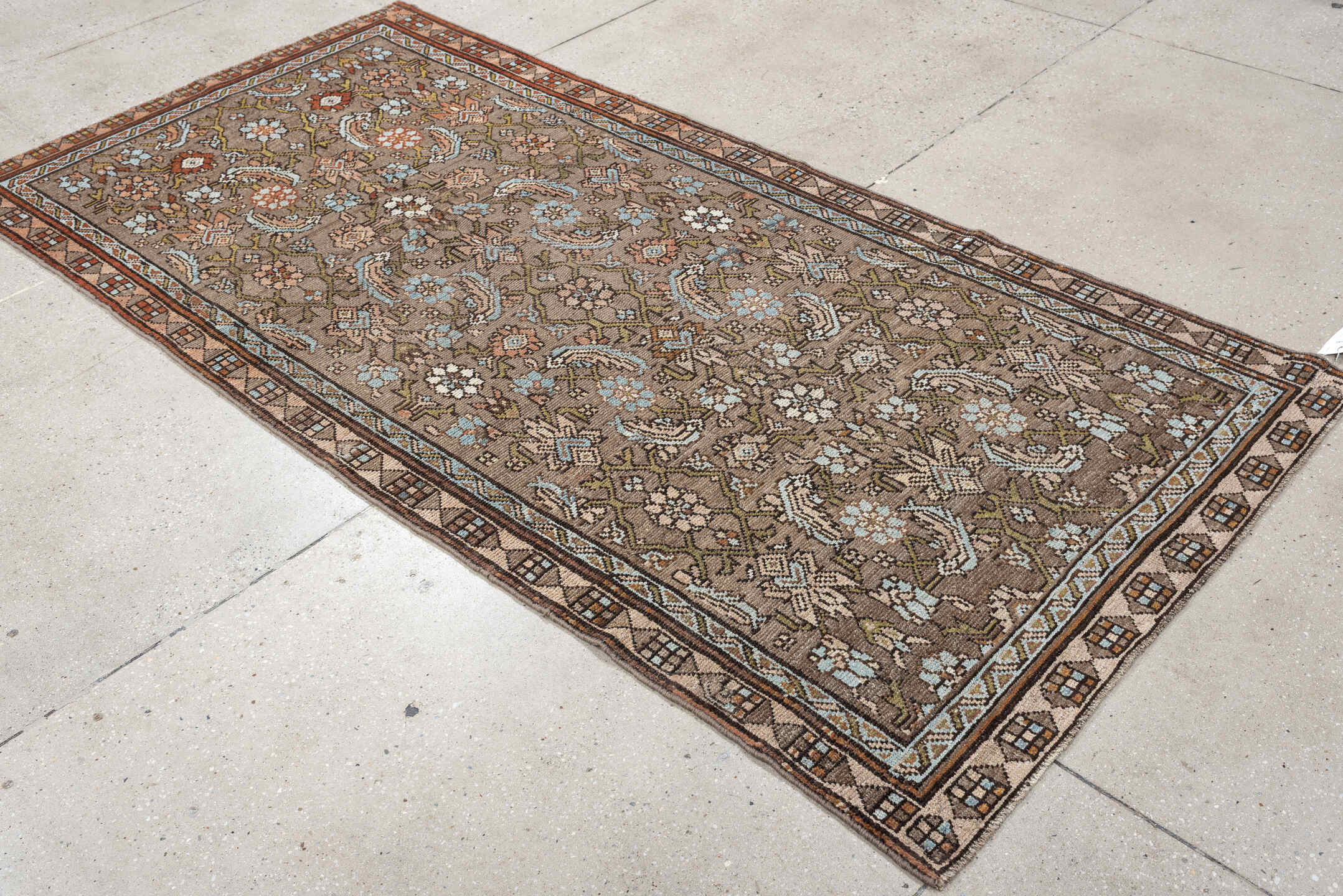4' x 8' one-of-a-kind handmade antique Malayer runner rug. Color palette: taupe, ivory, sky blue, olive, rust, brown, peach