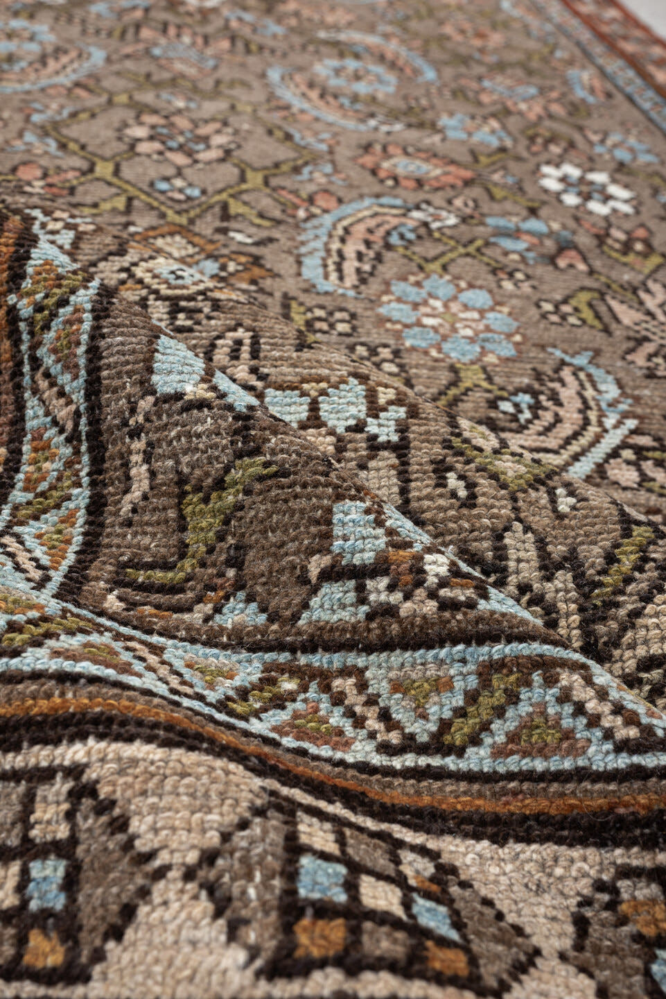 4' x 8' one-of-a-kind handmade antique Malayer runner rug. Color palette: taupe, ivory, sky blue, olive, rust, brown, peach