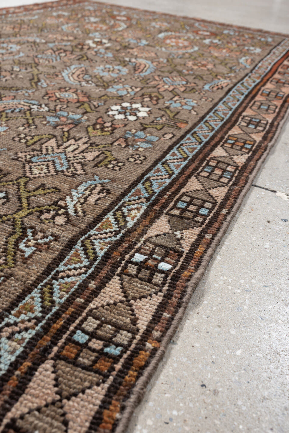 4' x 8' one-of-a-kind handmade antique Malayer runner rug. Color palette: taupe, ivory, sky blue, olive, rust, brown, peach