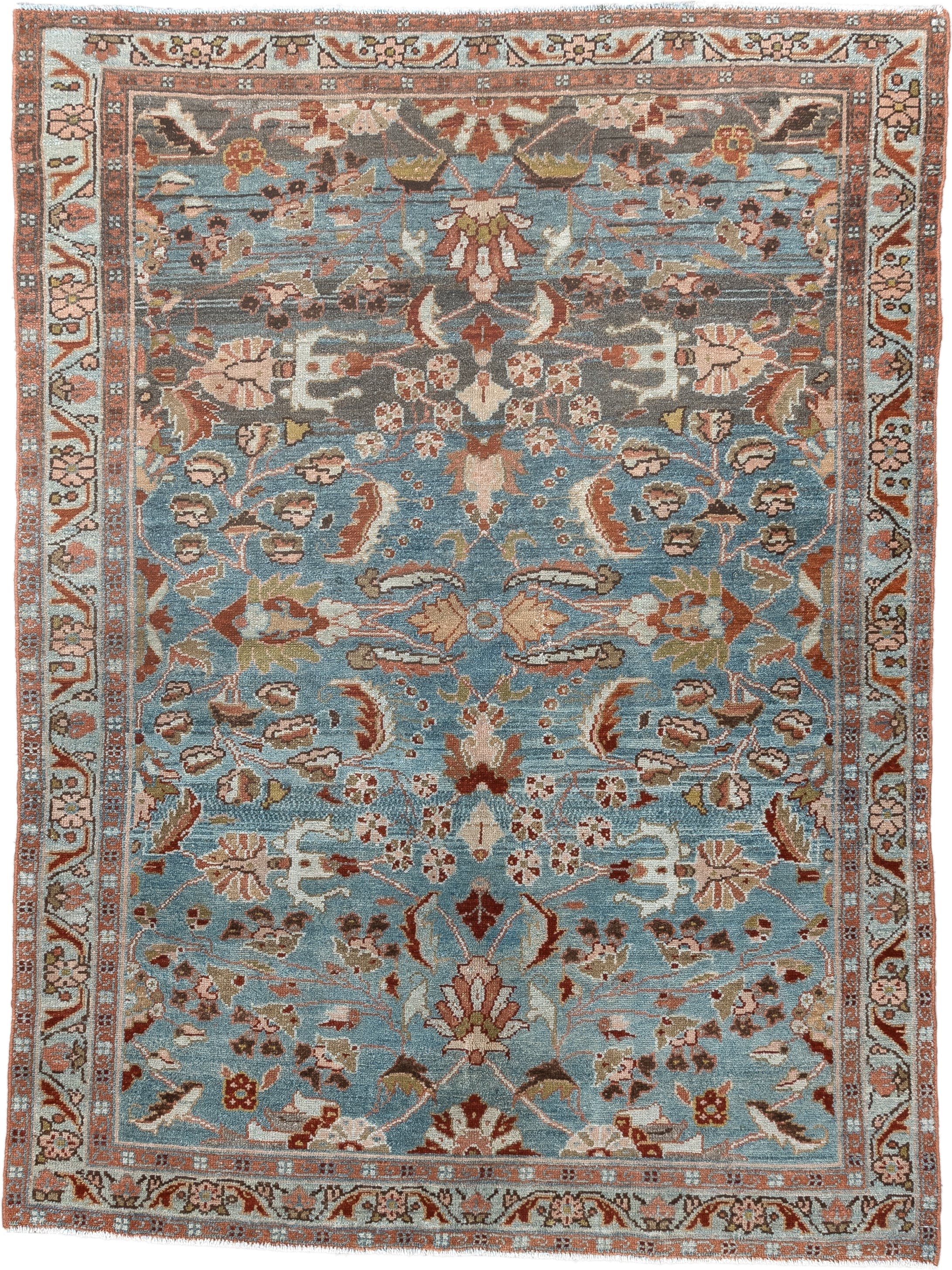 3' x 5' one-of-a-kind handmade antique Lilian small size rug. Color palette: sky blue, rust, ivory, taupe, olive, brown