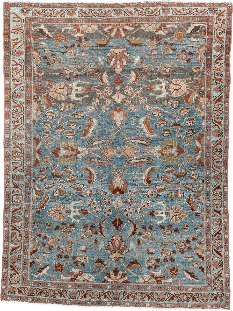 3' x 5' one-of-a-kind handmade antique Lilian small size rug. Color palette: sky blue, rust, ivory, taupe, olive, brown