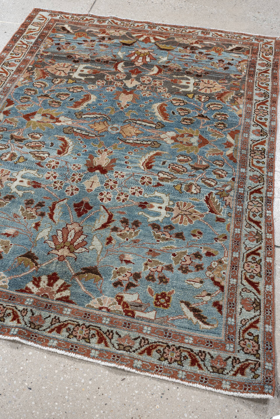 3' x 5' one-of-a-kind handmade antique Lilian small size rug. Color palette: sky blue, rust, ivory, taupe, olive, brown