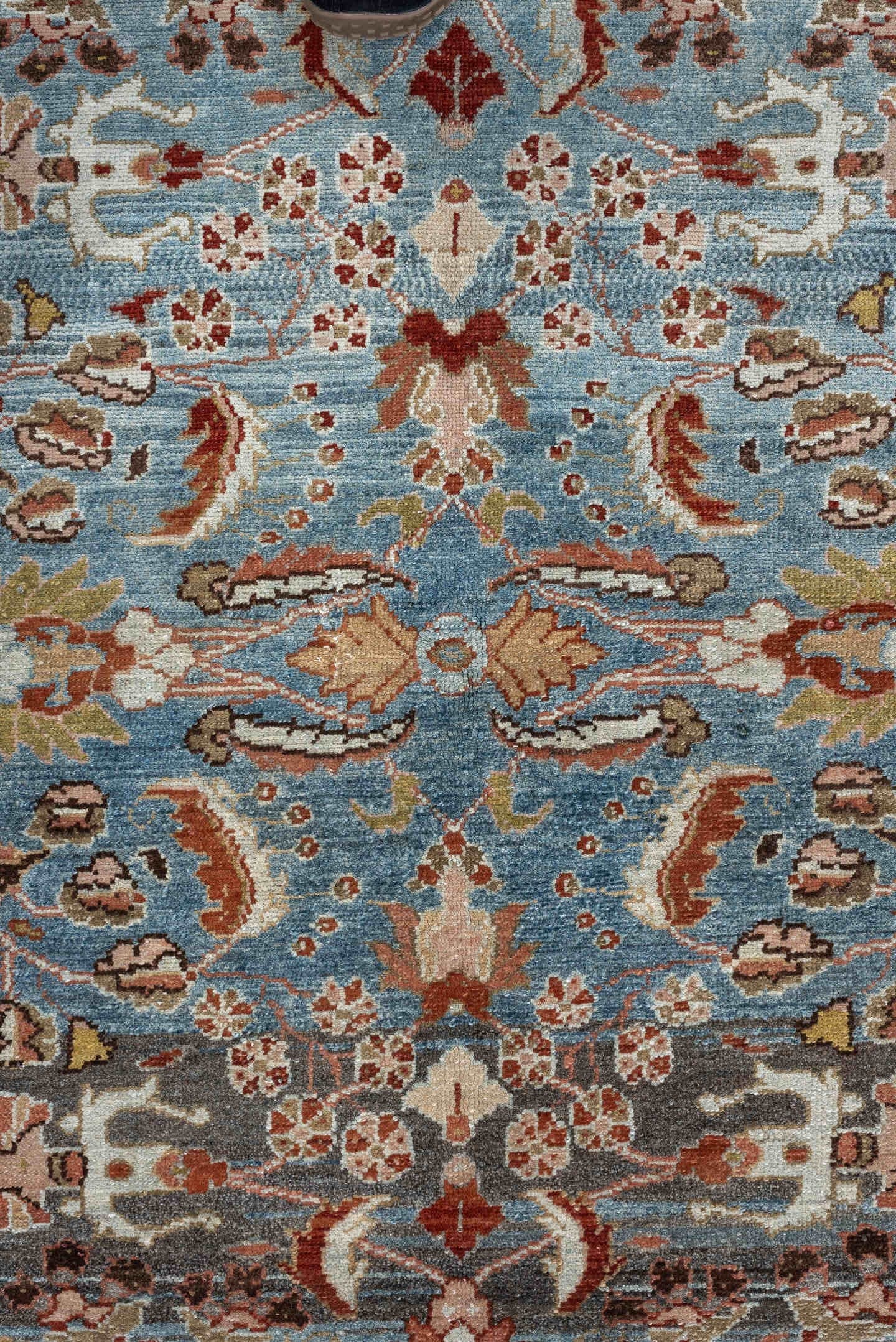 3' x 5' one-of-a-kind handmade antique Lilian small size rug. Color palette: sky blue, rust, ivory, taupe, olive, brown