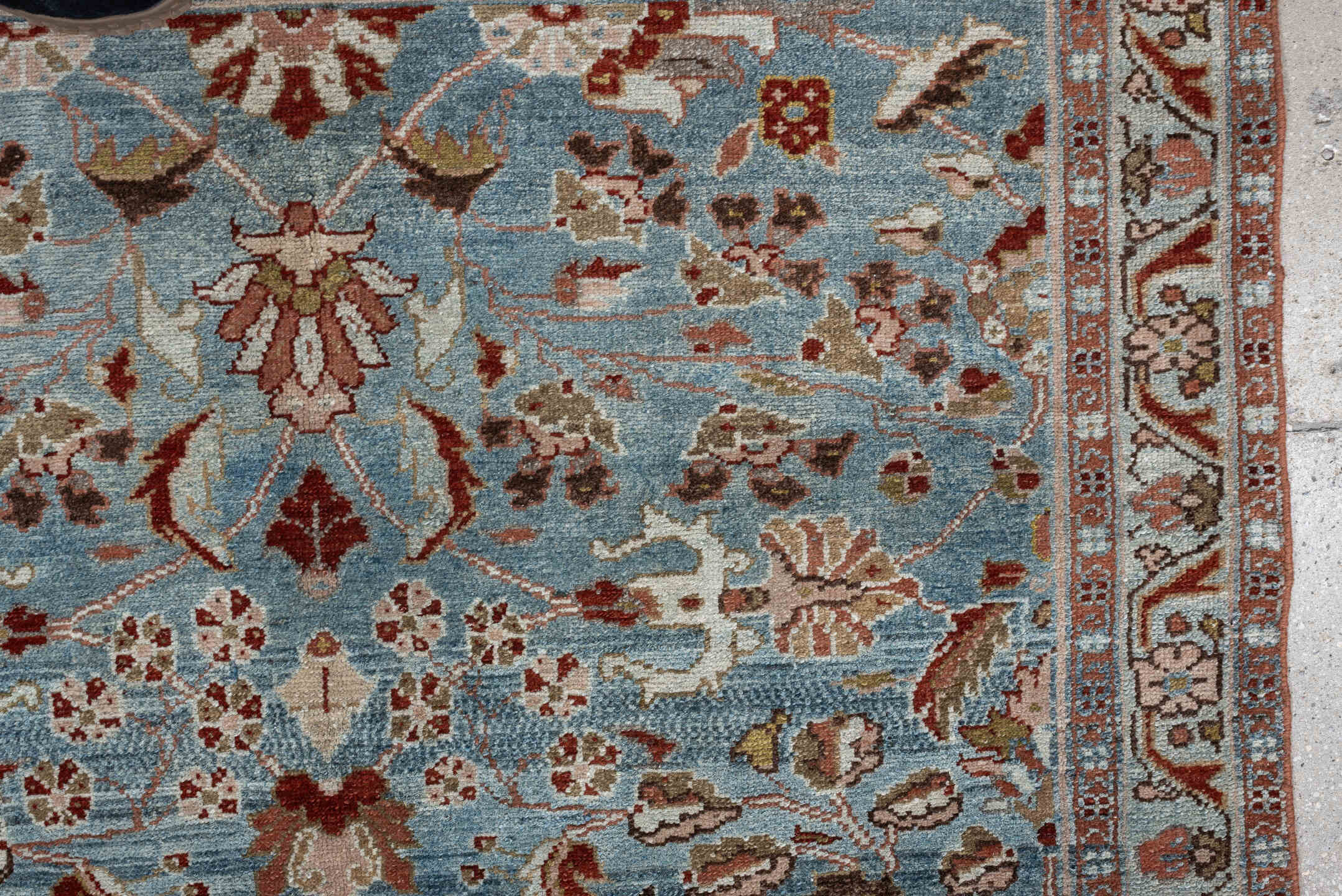 3' x 5' one-of-a-kind handmade antique Lilian small size rug. Color palette: sky blue, rust, ivory, taupe, olive, brown