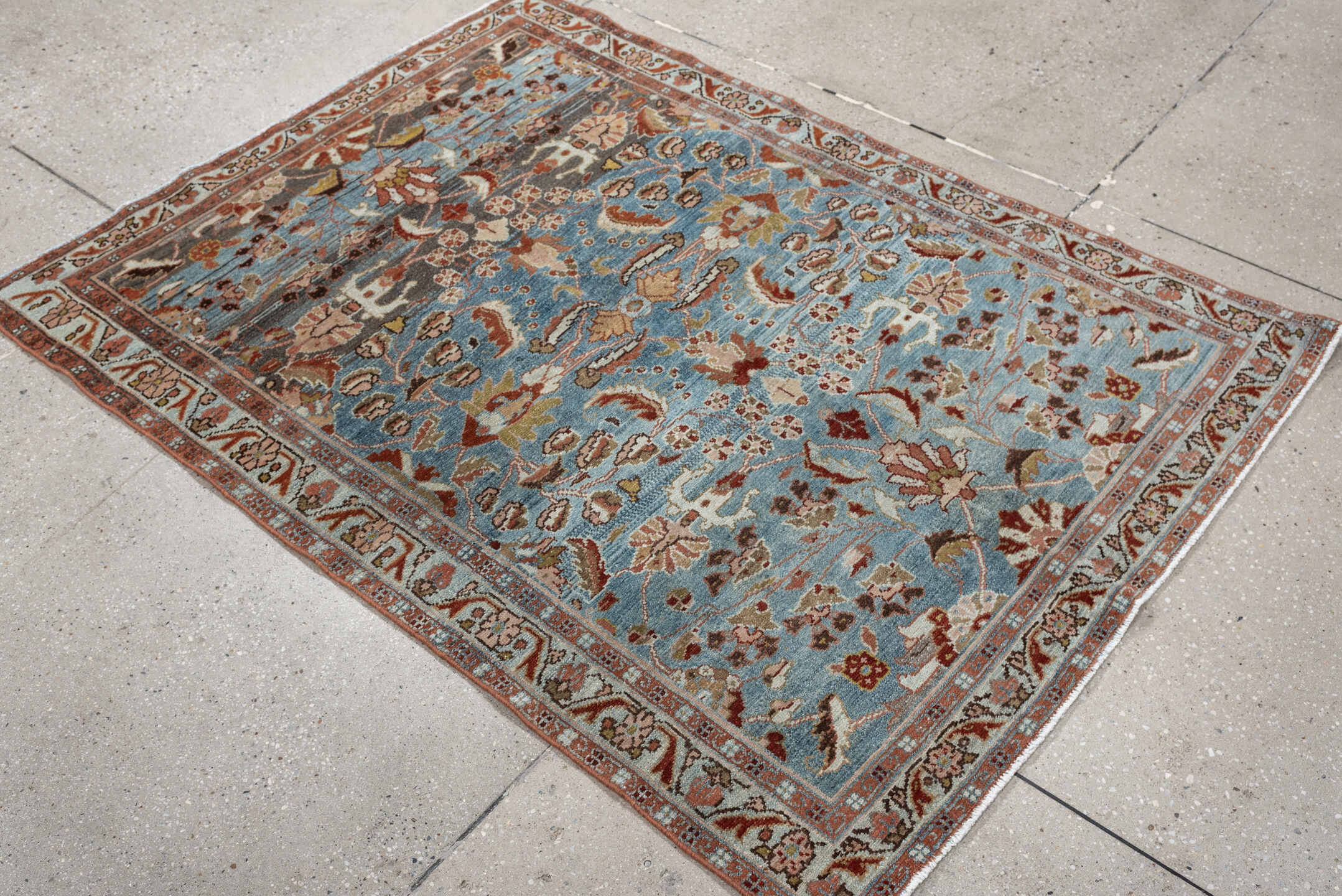 3' x 5' one-of-a-kind handmade antique Lilian small size rug. Color palette: sky blue, rust, ivory, taupe, olive, brown