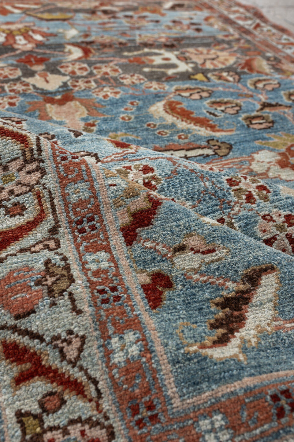 3' x 5' one-of-a-kind handmade antique Lilian small size rug. Color palette: sky blue, rust, ivory, taupe, olive, brown