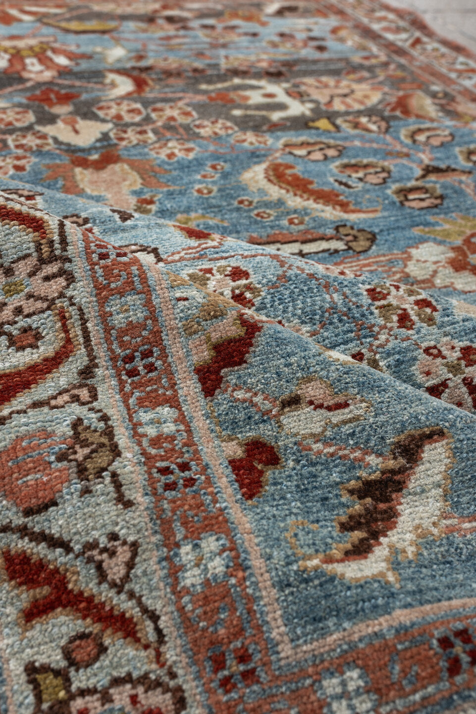 3' x 5' one-of-a-kind handmade antique Lilian small size rug. Color palette: sky blue, rust, ivory, taupe, olive, brown