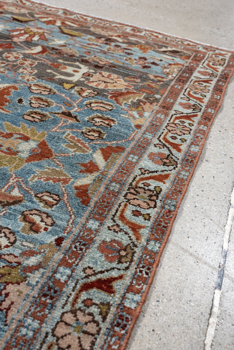 3' x 5' one-of-a-kind handmade antique Lilian small size rug. Color palette: sky blue, rust, ivory, taupe, olive, brown
