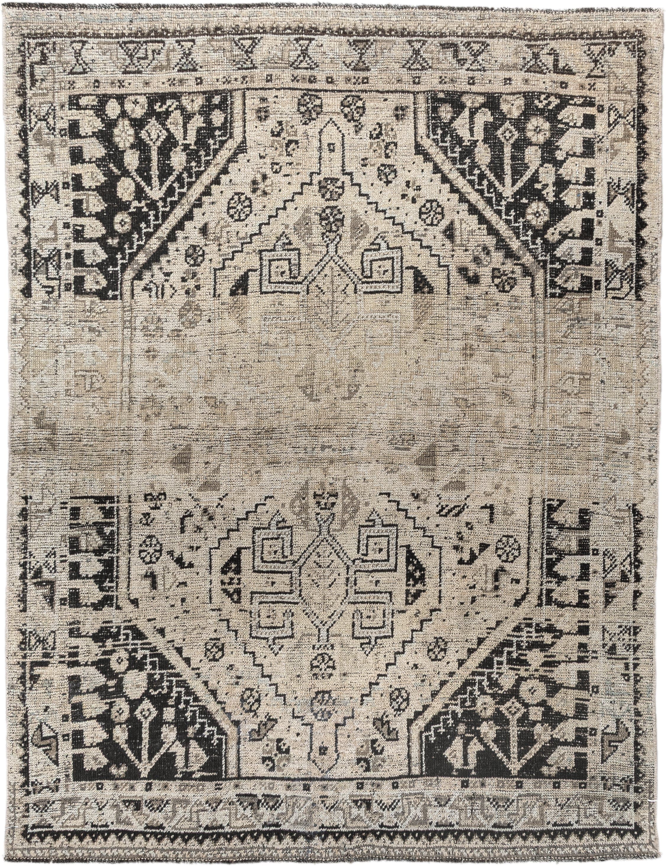 3' x 5' one-of-a-kind handmade antique Shiraz small size rug. Color palette: ivory, charcoal, taupe, gray, cream, black