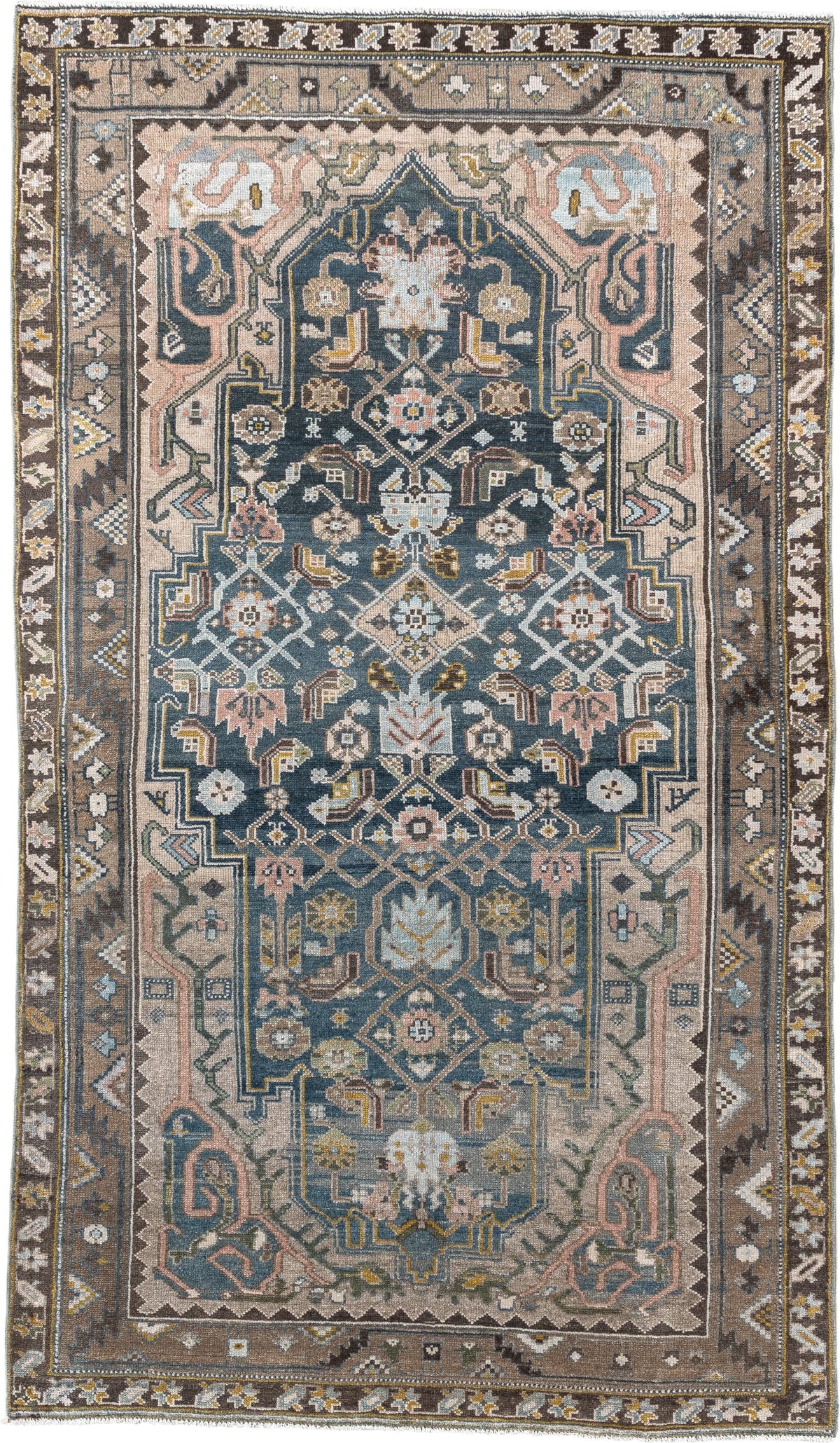 4' x 7' one-of-a-kind handmade antique Malayer rug. Color palette: blue, taupe, ivory, brown, blush, sage, gold, charcoal
