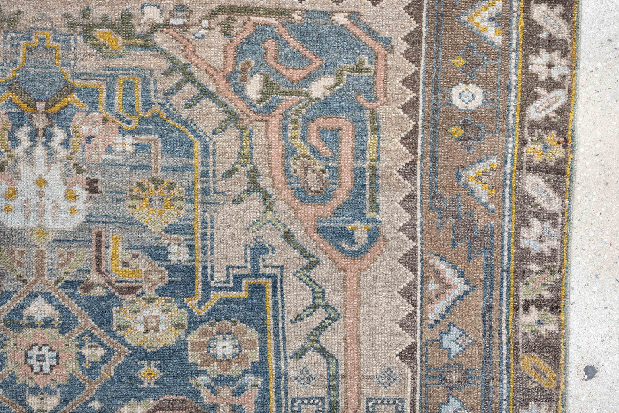 4' x 7' one-of-a-kind handmade antique Malayer rug. Color palette: blue, taupe, ivory, brown, blush, sage, gold, charcoal