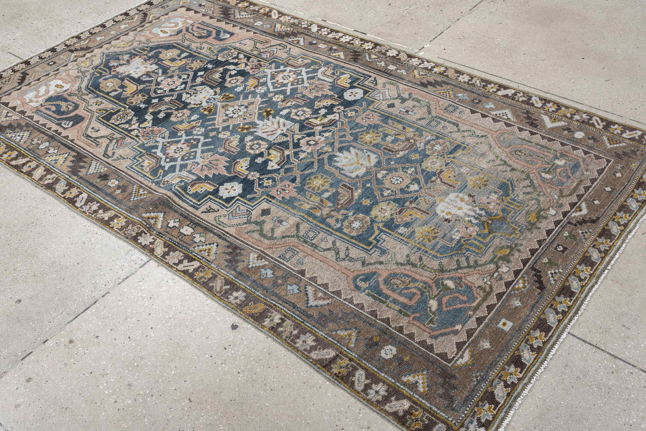 4' x 7' one-of-a-kind handmade antique Malayer rug. Color palette: blue, taupe, ivory, brown, blush, sage, gold, charcoal
