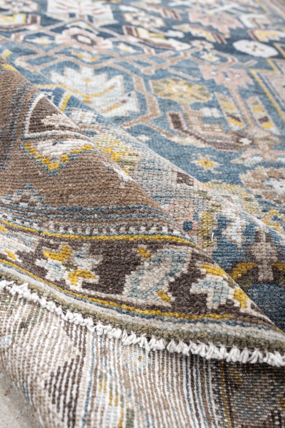 4' x 7' one-of-a-kind handmade antique Malayer rug. Color palette: blue, taupe, ivory, brown, blush, sage, gold, charcoal