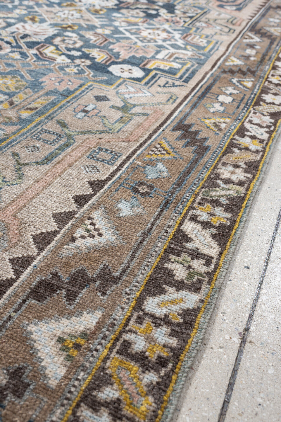 4' x 7' one-of-a-kind handmade antique Malayer rug. Color palette: blue, taupe, ivory, brown, blush, sage, gold, charcoal