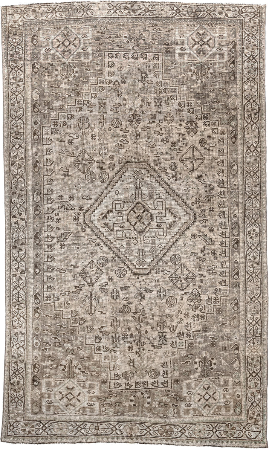 4' x 8' one-of-a-kind handmade antique Shiraz medium size rug. Color palette: taupe, ivory, brown, gray, beige