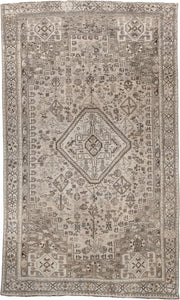 4' x 8' one-of-a-kind handmade antique Shiraz medium size rug. Color palette: taupe, ivory, brown, gray, beige