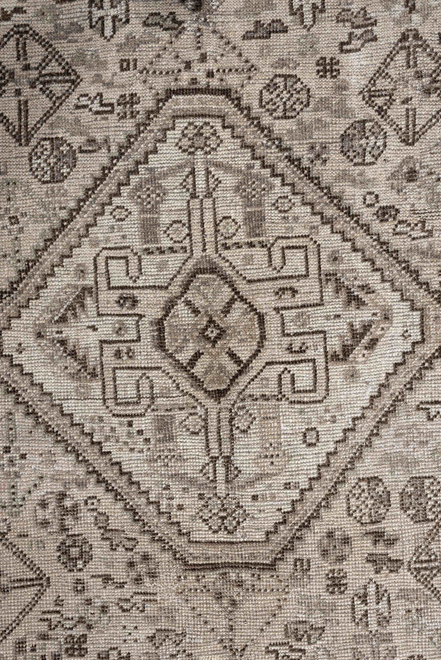4' x 8' one-of-a-kind handmade antique Shiraz medium size rug. Color palette: taupe, ivory, brown, gray, beige