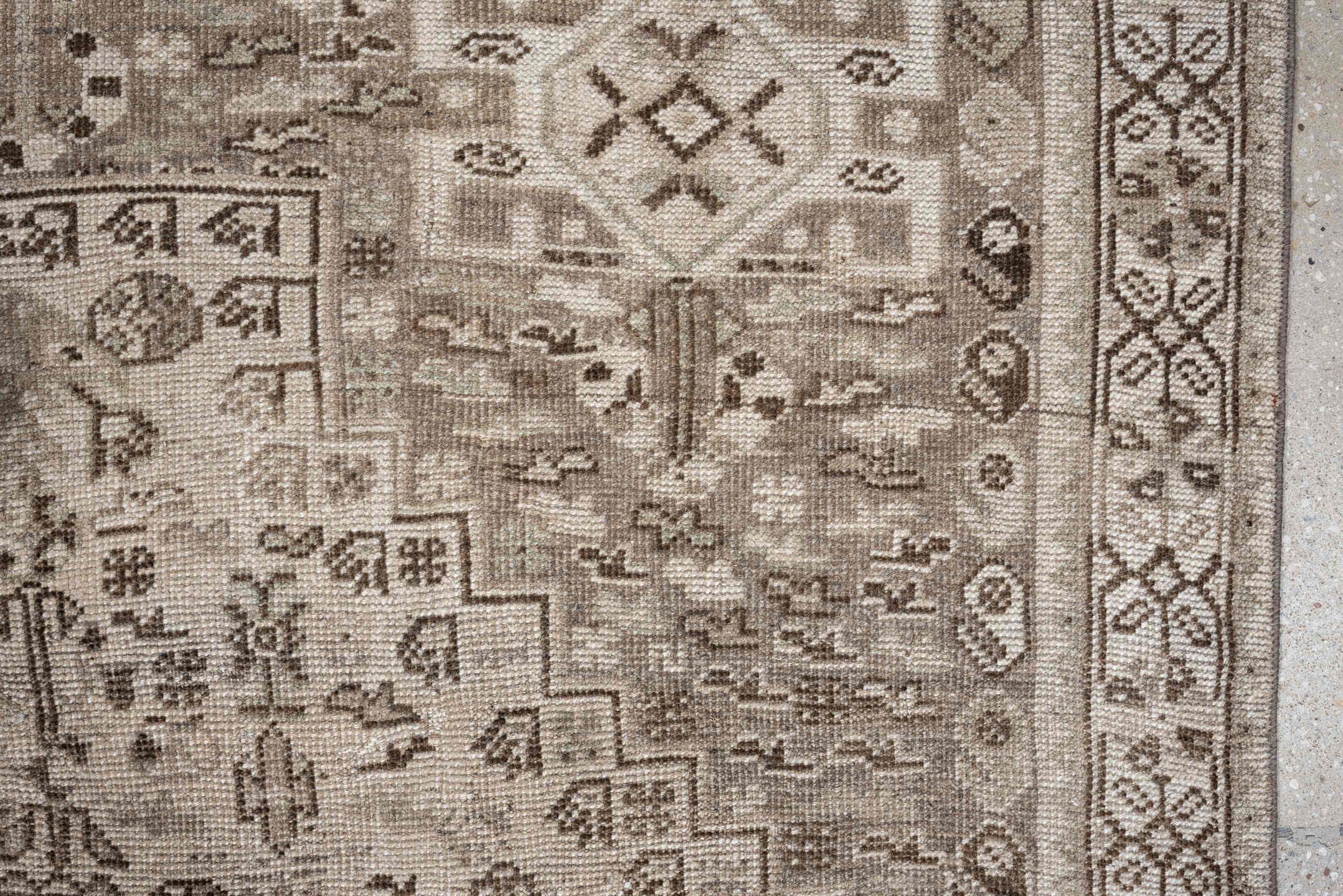 4' x 8' one-of-a-kind handmade antique Shiraz medium size rug. Color palette: taupe, ivory, brown, gray, beige