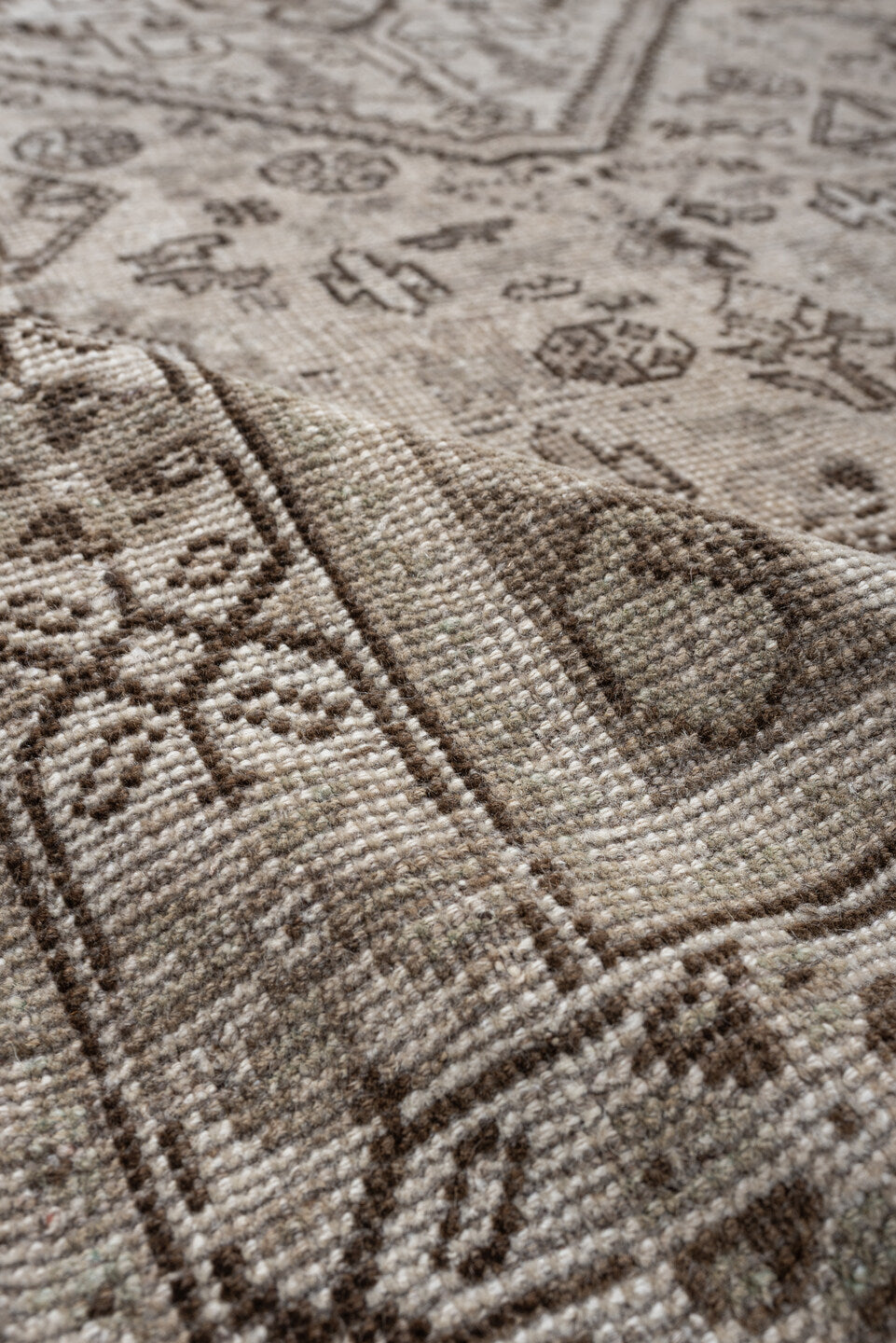 4' x 8' one-of-a-kind handmade antique Shiraz medium size rug. Color palette: taupe, ivory, brown, gray, beige