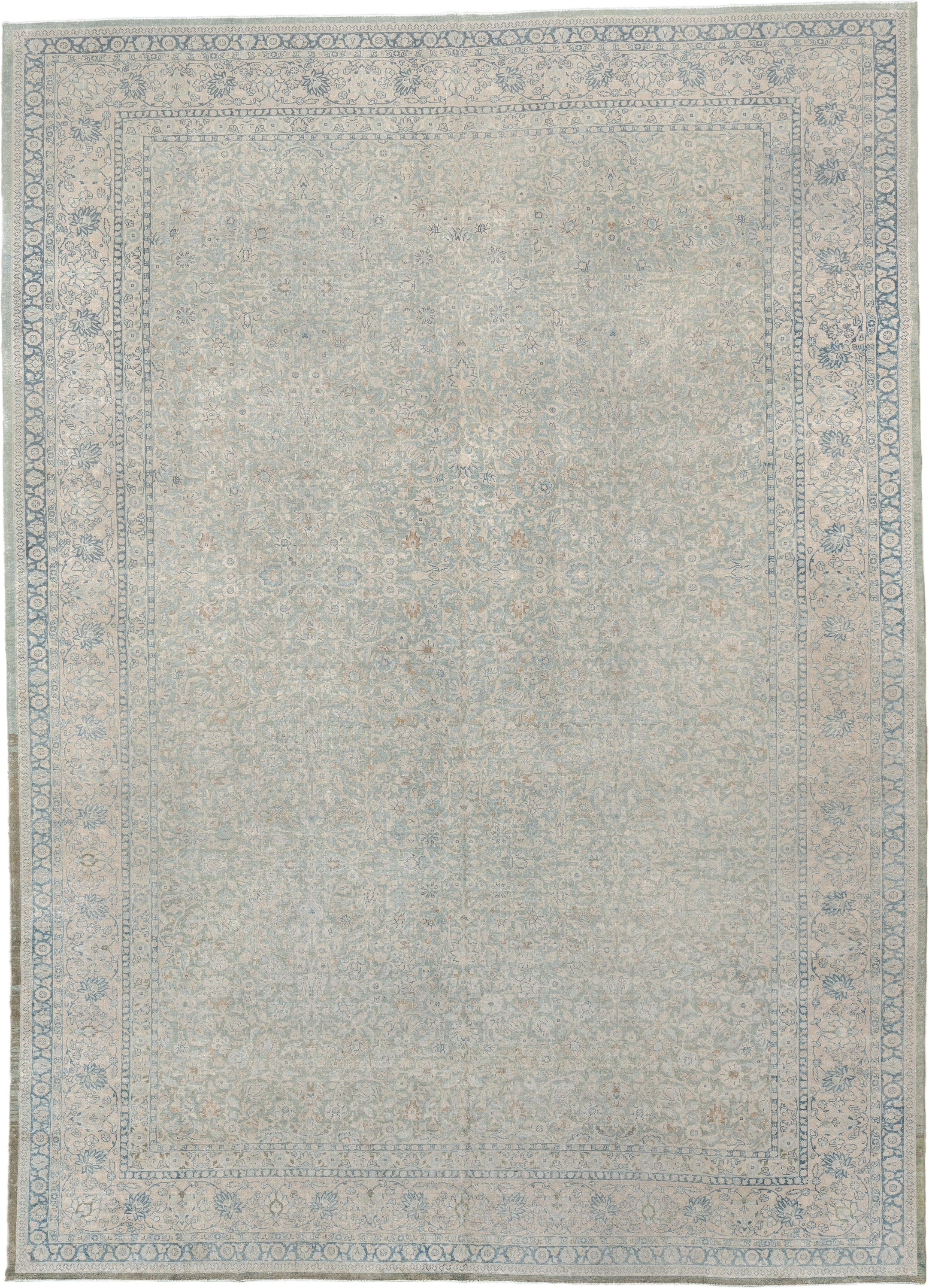 11' x 15' one-of-a-kind handmade antique Tabriz oversize rug. Color palette: ivory, pale blue, sky blue, cream, taupe