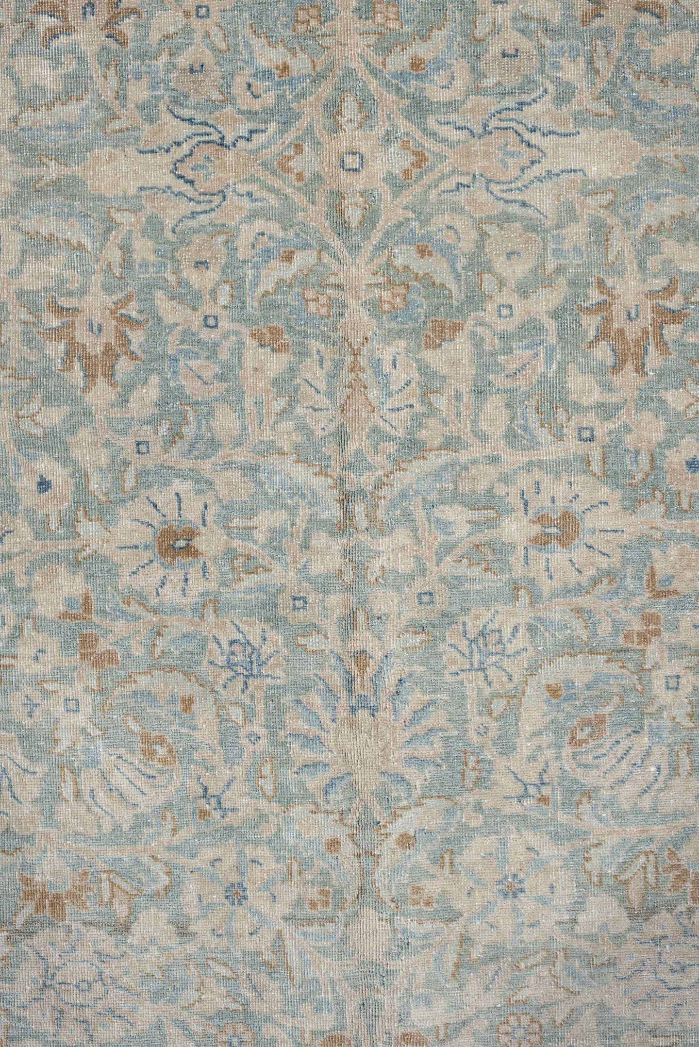 11' x 15' one-of-a-kind handmade antique Tabriz oversize rug. Color palette: ivory, pale blue, sky blue, cream, taupe