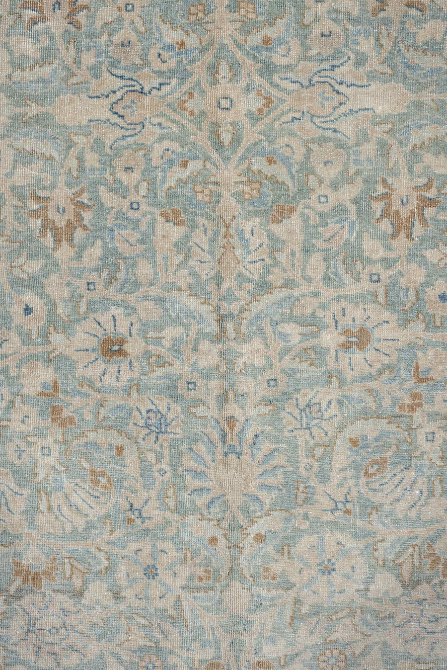 11' x 15' one-of-a-kind handmade antique Tabriz oversize rug. Color palette: ivory, pale blue, sky blue, cream, taupe