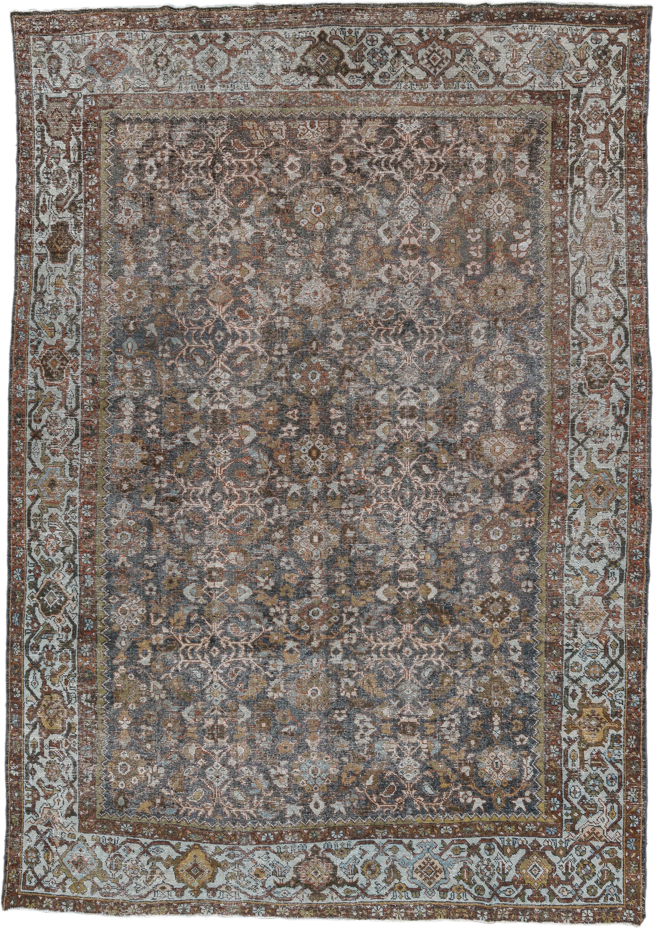 8' x 11' one-of-a-kind handmade antique Mahal large size rug. Color palette: blue-gray, ivory, rust, gold, taupe, brown