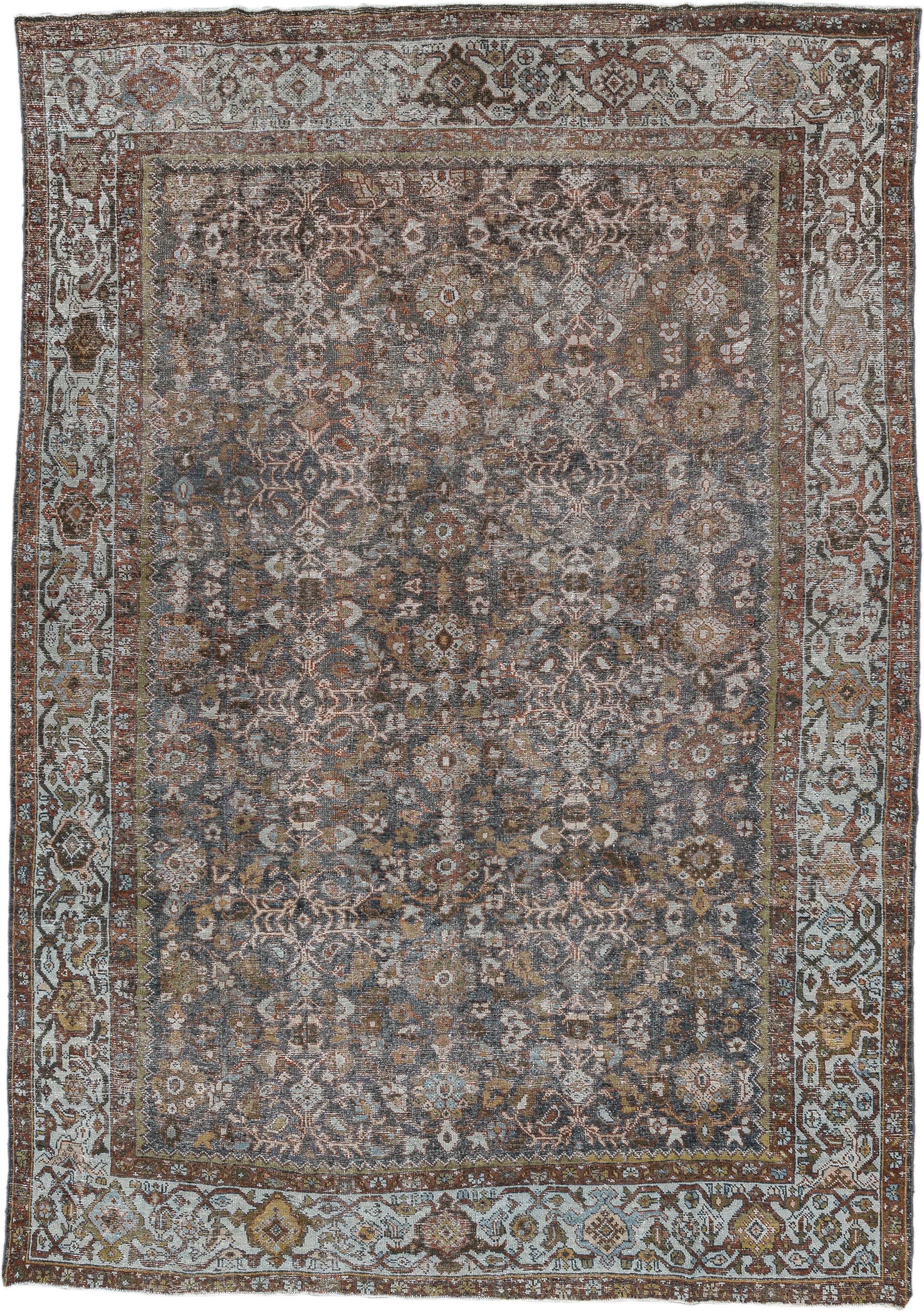8' x 11' one-of-a-kind handmade antique Mahal large size rug. Color palette: blue-gray, ivory, rust, gold, taupe, brown