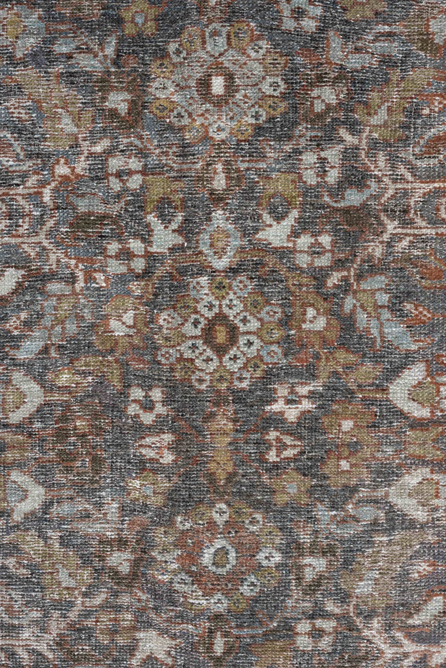 8' x 11' one-of-a-kind handmade antique Mahal large size rug. Color palette: blue-gray, ivory, rust, gold, taupe, brown