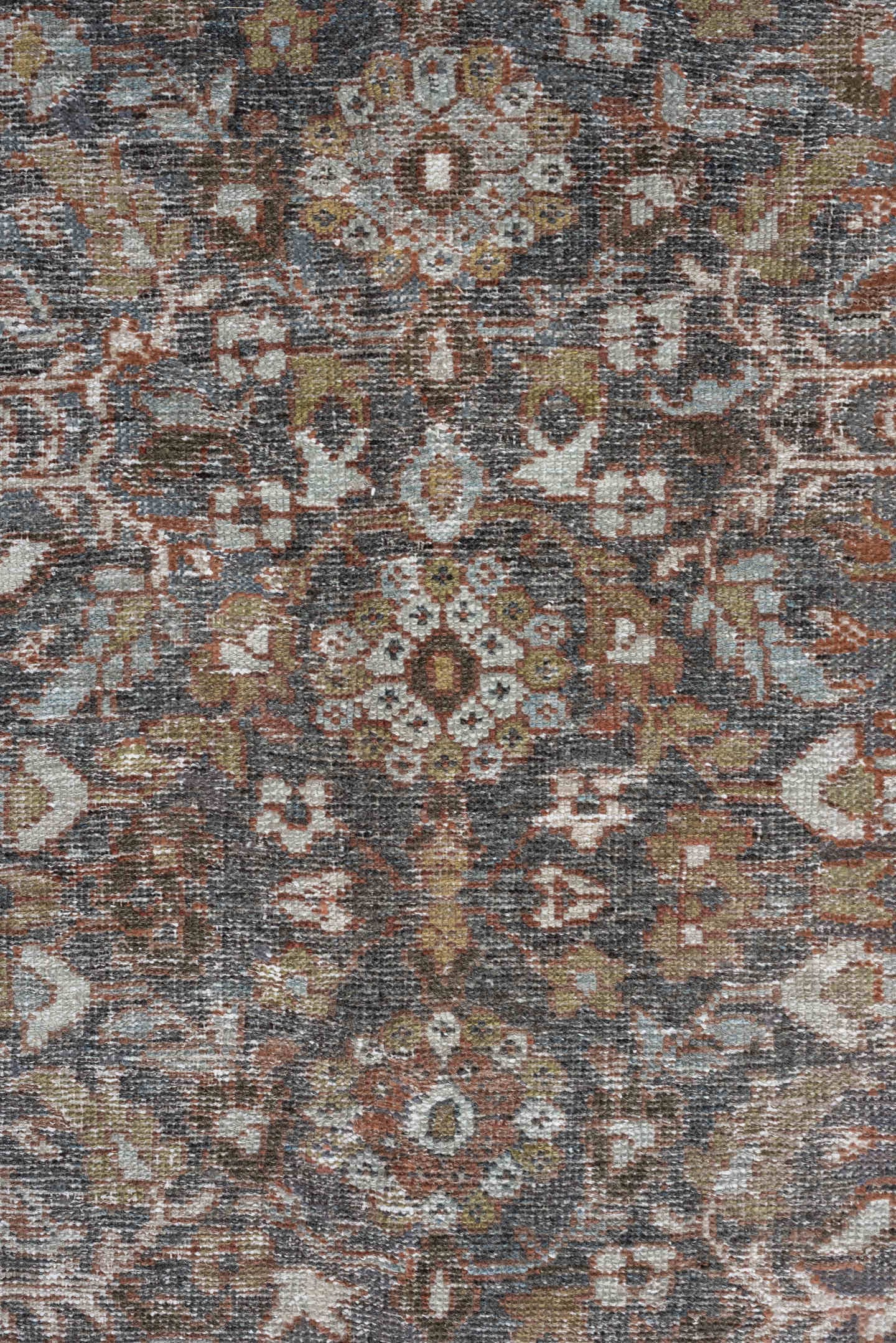 8' x 11' one-of-a-kind handmade antique Mahal large size rug. Color palette: blue-gray, ivory, rust, gold, taupe, brown