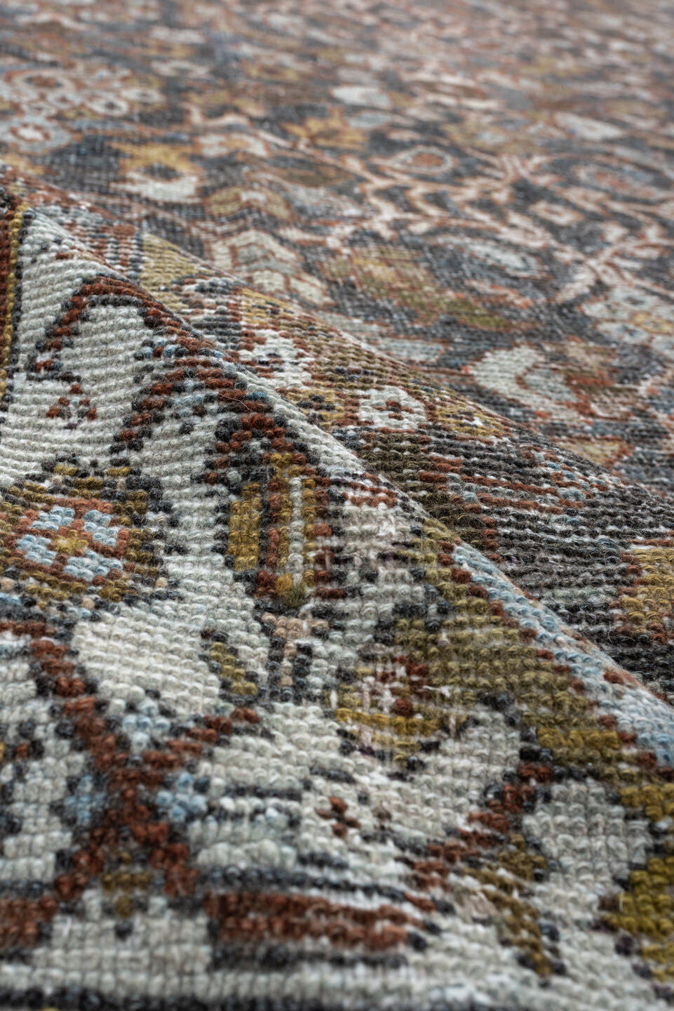 8' x 11' one-of-a-kind handmade antique Mahal large size rug. Color palette: blue-gray, ivory, rust, gold, taupe, brown