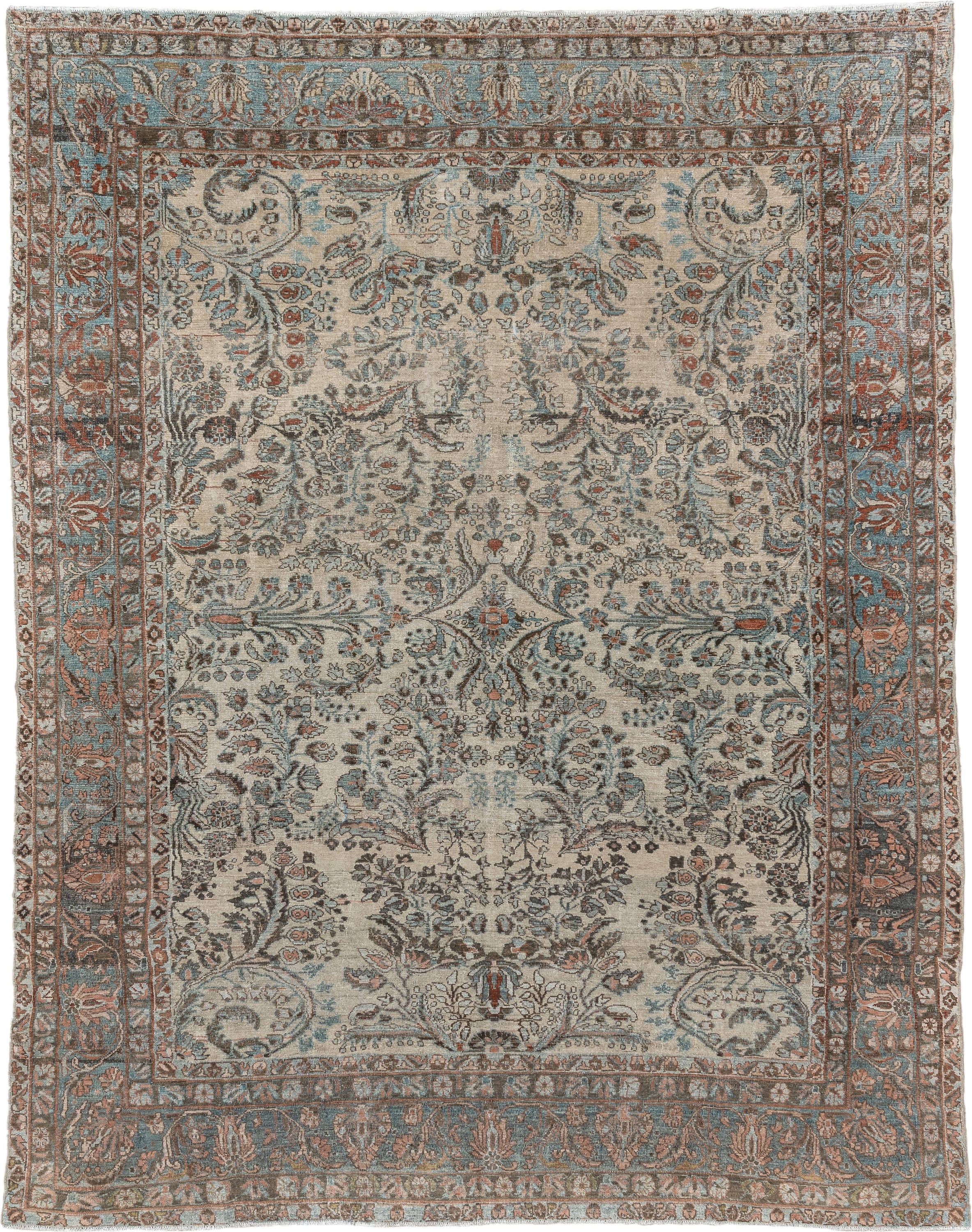 8' x 10' one-of-a-kind handmade antique Lilian large size rug. Color palette: ivory, sky blue, taupe, rust, slate, camel