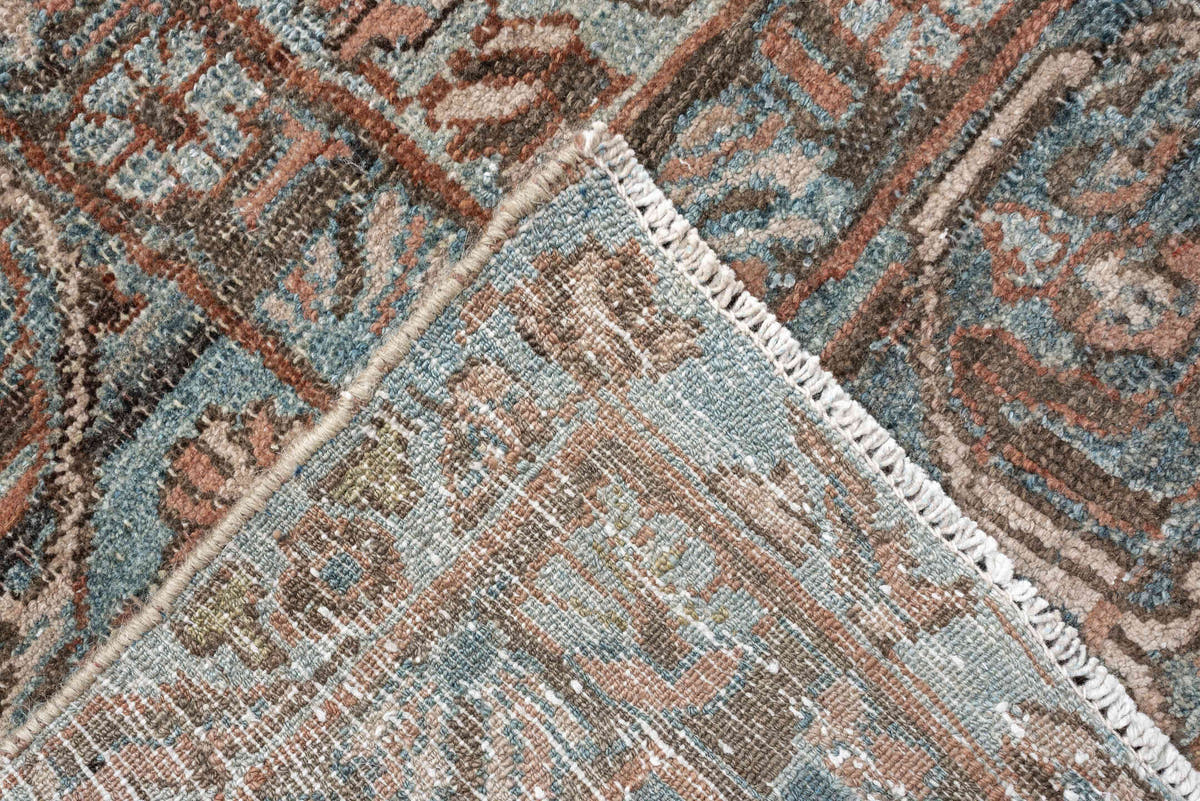8' x 10' one-of-a-kind handmade antique Lilian large size rug. Color palette: ivory, sky blue, taupe, rust, slate, camel