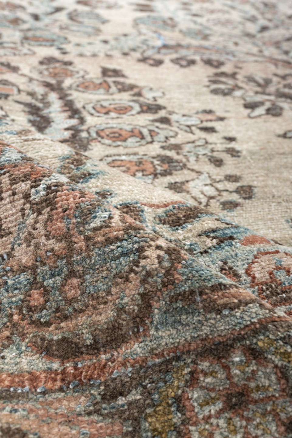 8' x 10' one-of-a-kind handmade antique Lilian large size rug. Color palette: ivory, sky blue, taupe, rust, slate, camel