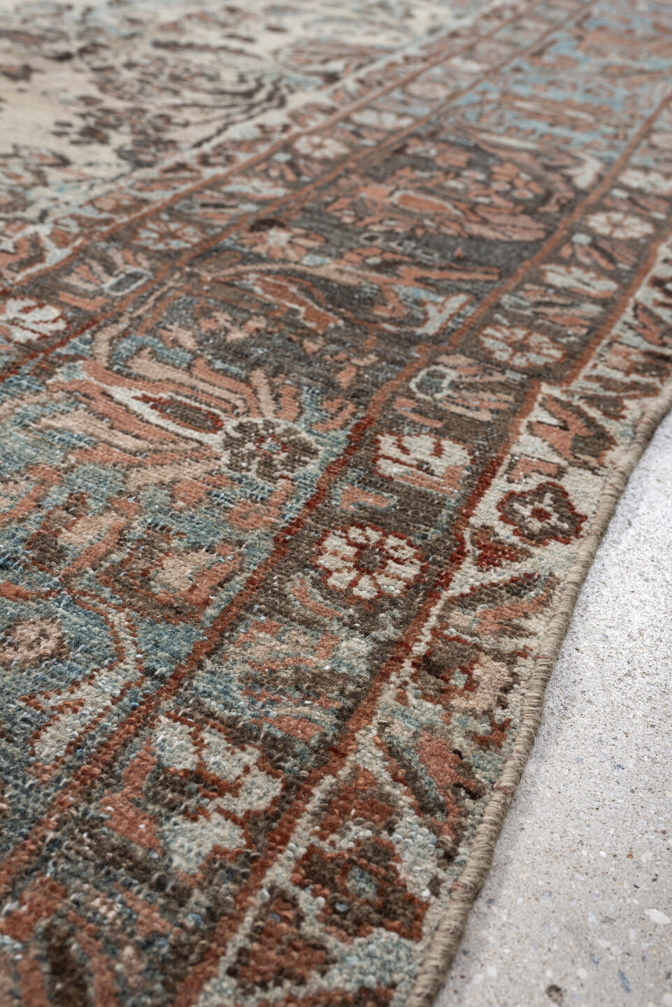 8' x 10' one-of-a-kind handmade antique Lilian large size rug. Color palette: ivory, sky blue, taupe, rust, slate, camel