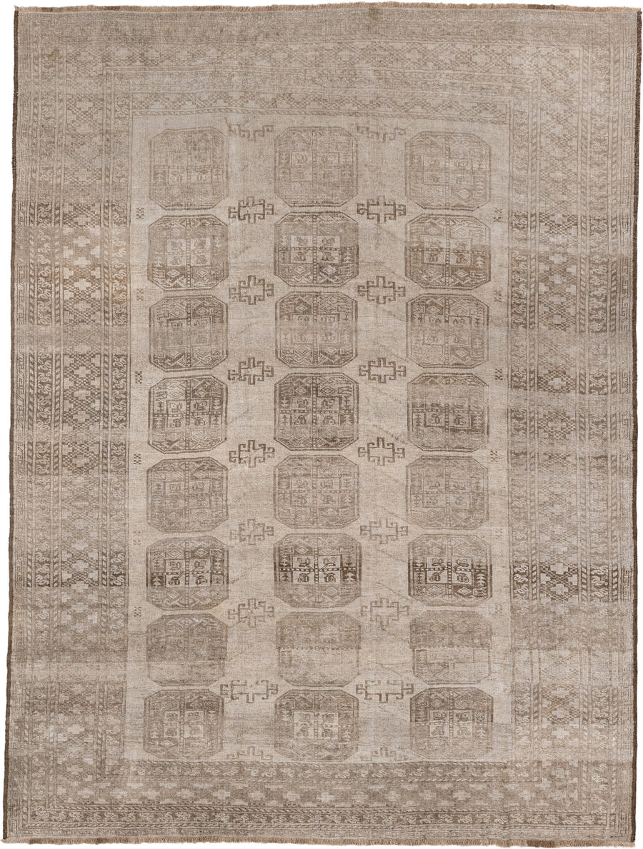 7' x 10' one-of-a-kind handmade antique Afghan large size rug. Color palette: taupe, beige, camel, ivory, brown, gray