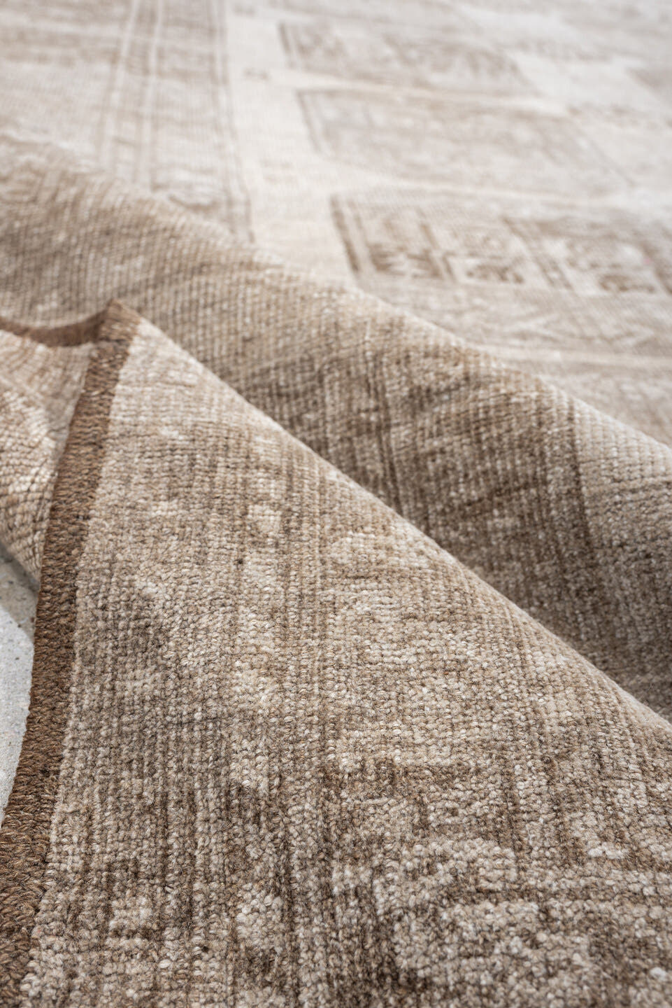 7' x 10' one-of-a-kind handmade antique Afghan large size rug. Color palette: taupe, beige, camel, ivory, brown, gray